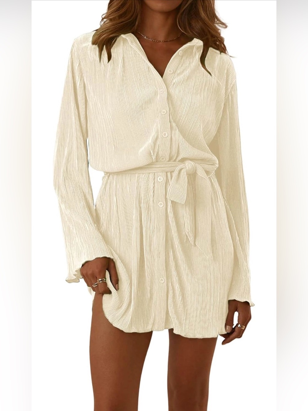 Women's Collar V Neck Button Down Pleated Long Sleeve Mini Shirt Dress with Belt